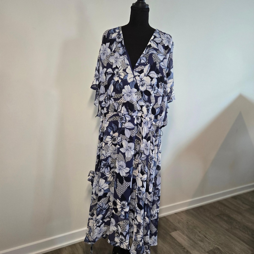 Lane Bryant Maxi Dress Womens 26 Blue Excellent Floral Chiffon Wrap V-Neck